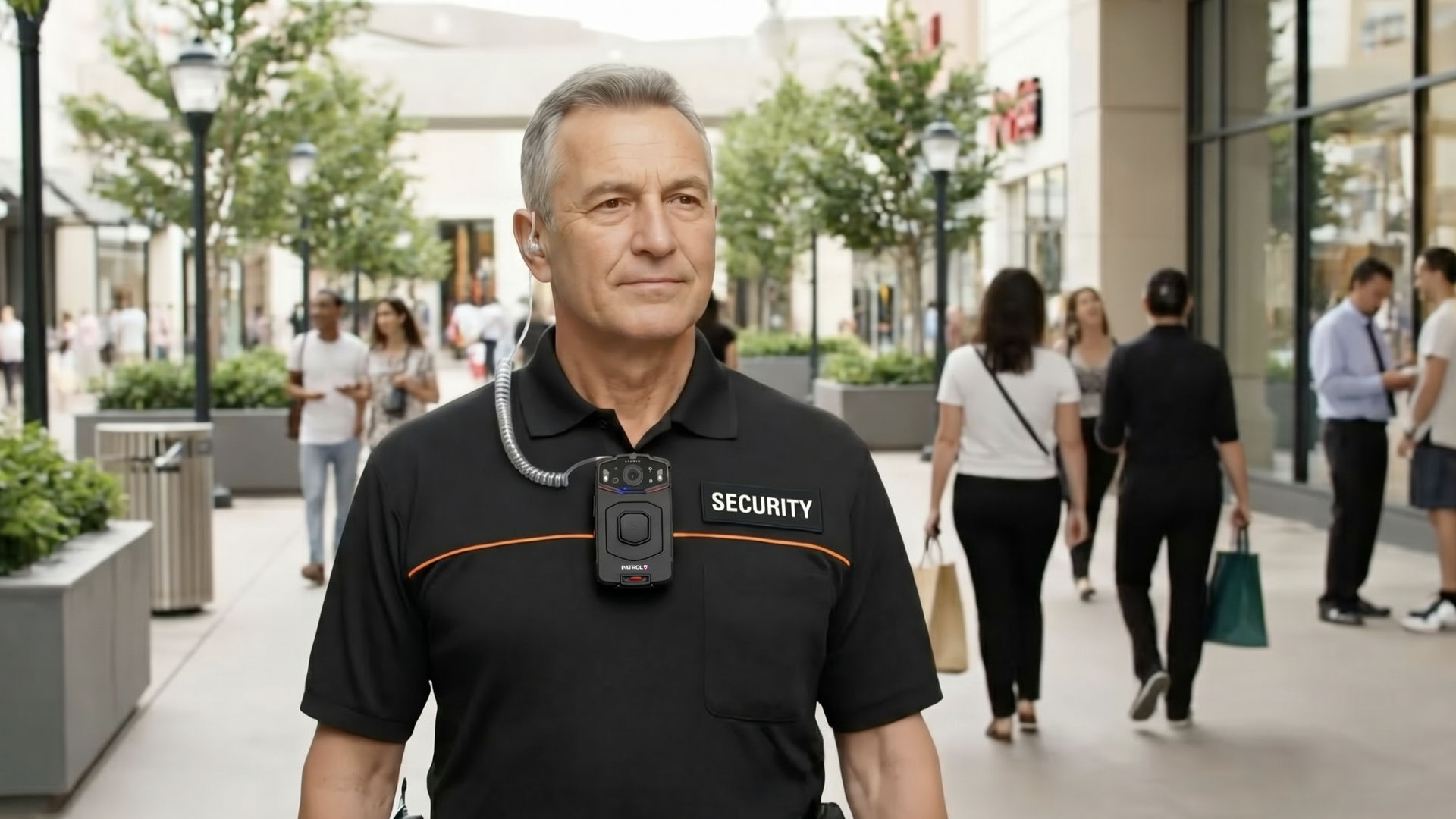 Security officer wearing a Patrol 6 body cam on patrol
