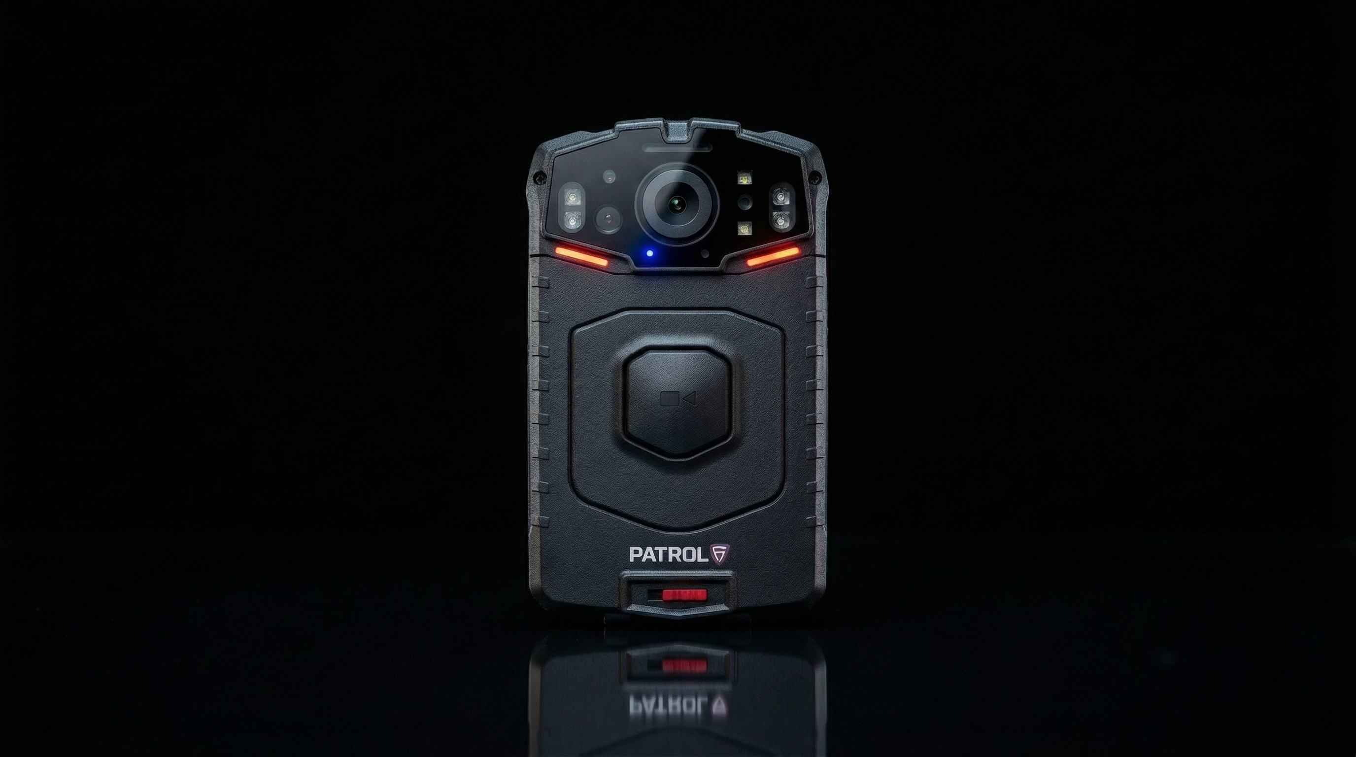 Front-facing Patrol 6 P1 body cam on black background